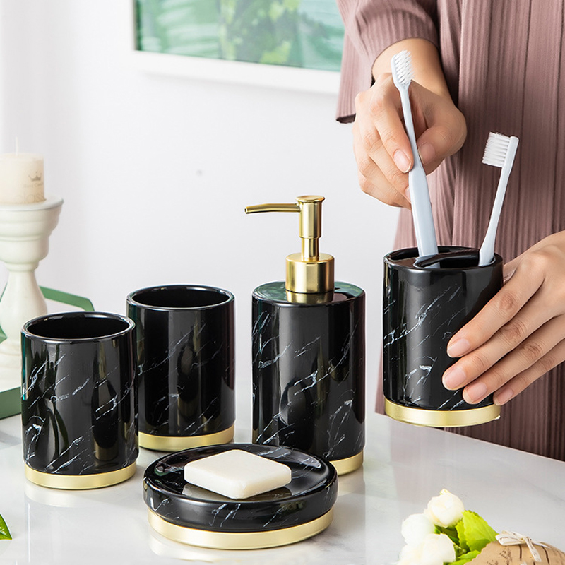 Classic black and white gold pattern Marble Bathroom Set Five-piece Bath Set 5pcs Bathroom Accessory Set with the tray