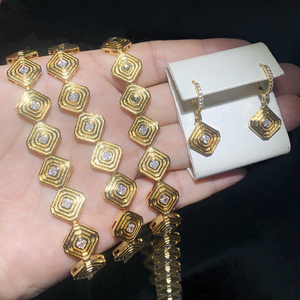 新款镀金时尚饰品套装镂空方形耳环铺装珠光CZ迷宫条纹项链手链饰品 - Product Image 6