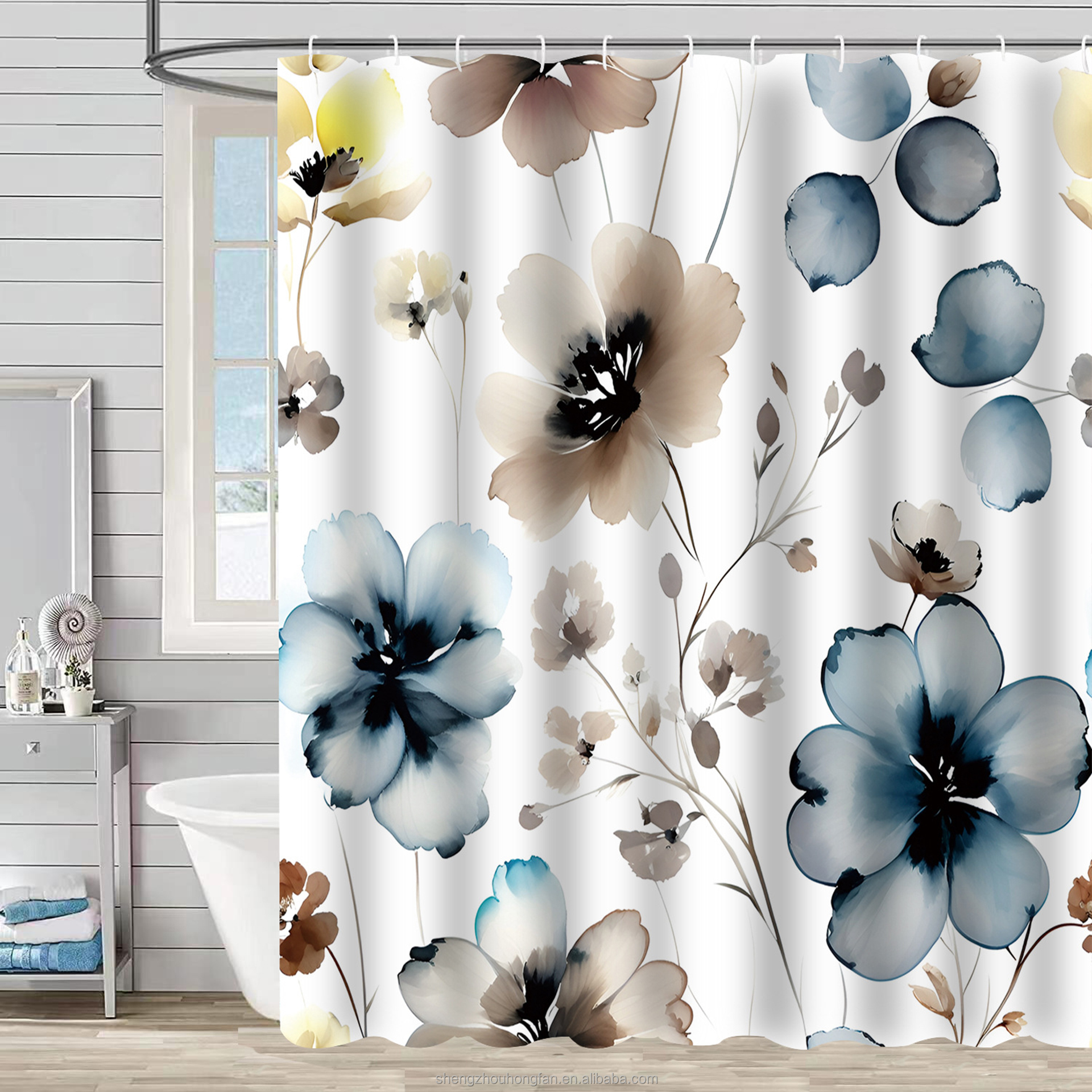 Pink Grey Watercolor Floral Shower Curtain 72x72 Inch – Minimalist Bathroom Decor With 12 Hooks - View #7