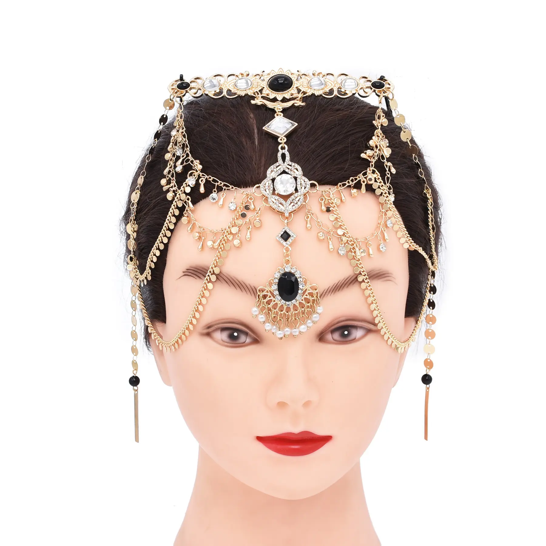 Bohemian Black Crystal Golden nappa ciondolo pezzo di capelli accessori indiani da sposa Gypsy women's Party Jewelry Gifts