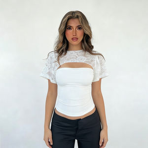 Blusa Elegante y Transpirable de Punto Sólido para Mujer, Manga Corta, Encaje, Estampado Digital, Diseño Hueco, Manga Abullonada - Product Image 4