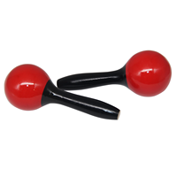 Maracas en bois, têtes sphériques rouges, poignées coniques noires, balle de sable colorée surdimensionnée de style dessin animé