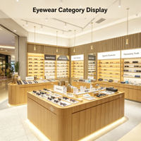 Meubles de présentation pour magasin d'optique haut de gamme, comptoir de présentation incurvé en bois pour lunettes, vitrine murale pour lunettes de soleil avec éclairage LED ambiant