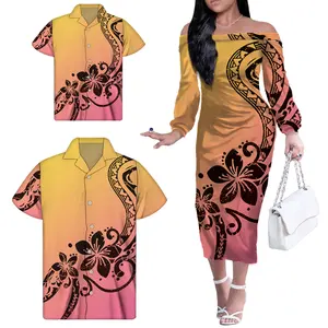 Vintage Couple Clothing Women Sexy Bodycon Dress Polynesian Tribal Plus Size Off Shoulder Dress Printed Family Matching Clothes