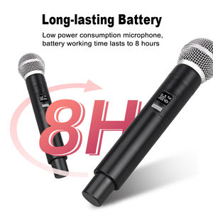 ไมโครโฟนไร้สาย VHF แบบมือถือ สองช่องสัญญาณ ไดนามิก รูปแบบการรับเสียงแบบคาร์ดิออยด์ โครงสร้างโลหะและพลาสติก สำหรับนักร้องคาราโอเกะ - Product Image 4