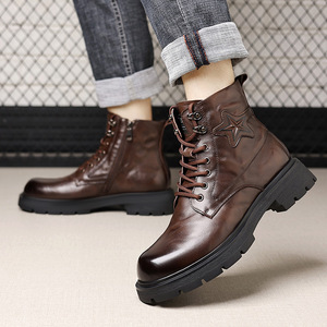 Bottines Montantes Homme Tendance Hiver en Cuir Véritable Marron, Style Anglais Décontracté - Product Image 3