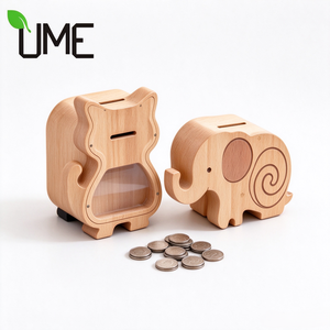 Hucha de madera personalizada grabada con diseño de animales, transparente, para ahorrar monedas, bonita hucha de elefante o gato, regalo para niños - Product Image 1