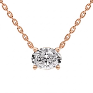 Modern East-West Oval Cut Lab Grown Diamond Solitaire Necklace <b>Solid</b> 14K 18K <b>Gold</b> Four-Prong <b>Pendant</b> for Women - Product Image 3