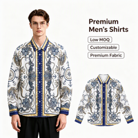 Chemise habillée à manches longues pour homme en tissu tissé de qualité supérieure, imprimé baroque bleu et blanc doré de luxe pour les occasions formelles