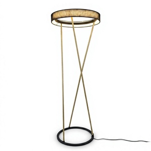 Lampe de sol moderne en laiton avec abat-jour rond en tissu, LED blanc chaud, usage résidentiel - Product Image 1
