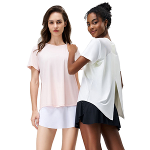 Camiseta Deportiva de Manga Corta para Mujer de Alta Calidad, Secado Rápido, Holgada, Transpirable, Antibacteriana, de Spandex/Nylon, con Estampado de Seda de Hielo - Product Image 1