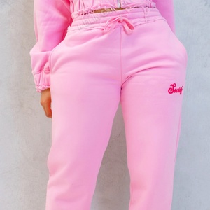 Custom Oversized French Terry pink Distressed Puff Printing <b>Zip</b> <b>up</b> Hoodies <b>Cropped</b> Tracksuit Two Piece Sweatsuit Women - Product Image 4