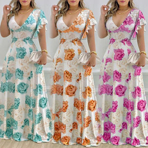 Vestido de mujer elegante e informal con cuello en V, manga con volantes, cintura ajustada y estampado, corte en A, venta al por mayor, MOQ 1 - Product Image 1
