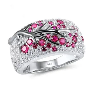 2024 Silver Ring for Women Genuine 925 Sterling Silver Pink Cherry Tree Cubic Zirconia Ladies Delicate Fashion Jewelry