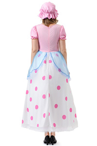 Disfraz de Pastora para Mujer al por Mayor, Vestido Maxi Rosa Pastel con Puntos Azules, Manga Abullonada, Gorro, Disfraz de Princesa para Juego de Rol - Product Image 5
