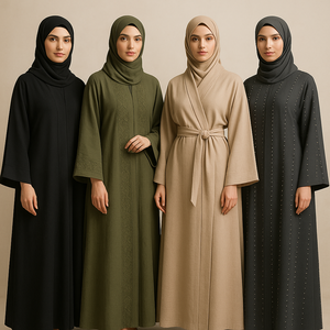 Women Abaya 2 Piece Set Cheap Modest Sets Abaya <strong>Dress</strong> With Solid Belted - Product Image 5