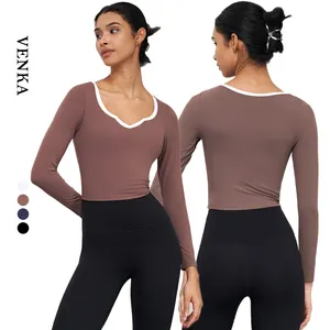 Baju Fitness Wanita lengan panjang, baju Fitness Wanita bantalan dua lapis, leher V warna campur