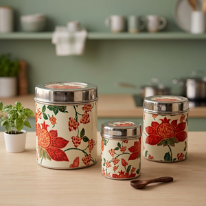 Classic Floral Printed Stainless steel Food Containers Airtight Round <b>Storage</b> <b>Jars</b> <b>for</b> <b>Kitchen</b> Use 1-3L Capacity - Product Image 1