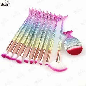 Custom logo 6pcs 7pcs 10pcs 11pcs glitter mermaid make up cosmetic brushes tools colorful fish tail handle makeup brush set