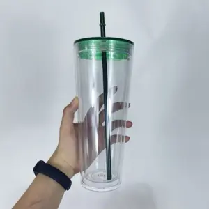 Hot Sales Herbruikbare Iced Koffie Premium Bubble Tea Cups Dubbele Muur Plastic Cup Met Deksels En Rietjes
