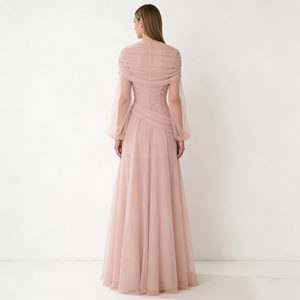 Abiti da Donna <span class=keywords><strong>Rosa</strong></span> con Collo Alto, Maniche Lunghe Trasparenti Arricciate, Vita Stretta, Vestiti Lunghi Formali da Sera e Festa - Product Image 4