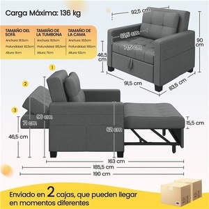 Sofá <span class=keywords><strong>Cama</strong></span> Modular Moderno 3 en 1 Yaheetech, Sillón Individual Cuadrado Gris con <span class=keywords><strong>Respaldo</strong></span> Ajustable en 3 Ángulos, Relajación para 4 Personas, Sala <span class=keywords><strong>de</strong></span> Estar - Product Image 3