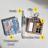 LISI Set de voyage en bois pour artistes étudiants Pocket Watercolor Grid Palette Box Sketch Book Brush Pens Binder Clips for Painters