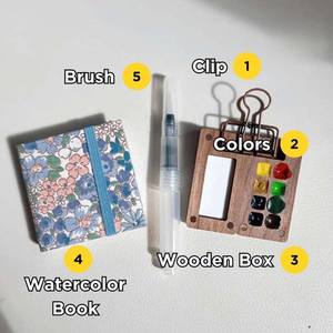 LISI Set de voyage en bois pour artistes étudiants Pocket Watercolor Grid Palette Box Sketch Book Brush Pens Binder Clips for Painters - Product Image 3