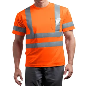 Mens 100% polyester safety orange reflective taping on front back sleeves Short/ Long Sleeve Snag-Resistant Reflective workShirt