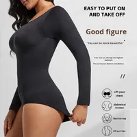 Body sculptant sans couture à manches longues pour femme grande taille, en nylon tissé à sequins, col rond, effet ventre plat