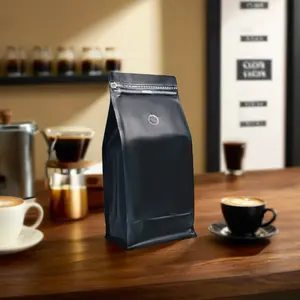 AT PACK Paquete de granos de café 1KG Color Negro Kraft Bolsas de café de fondo plano con cremallera y válvula Embalaje de café personalizado