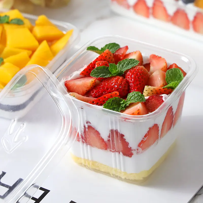 Square Printed 12 Oz Disposable RPET Container for Pastry Tiramisu Cup Clear Plastic PET Dessert Cake Cup with Lids