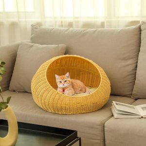 Venta al por mayor, cama redonda de ratán hecha a mano con cojín suave para gatos o perros pequeños, cesta de mimbre, casa para mascotas - Product Image 5