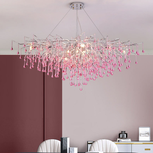 Lampadario <span class=keywords><strong>a</strong></span> Gocce di Cristallo Rosa in Alluminio, Decorazione per Camera dei Bambini, Soggiorno e Sala da Pranzo, Lampada <span class=keywords><strong>a</strong></span> Sospensione Romantica e Lussuosa - Product Image 5