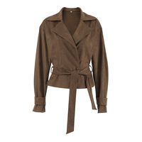 Manteau croisé en suède style enveloppant avec ceinture pour femme, collection automne/hiver 2025, marron vintage, veste cintrée à revers et col cranté