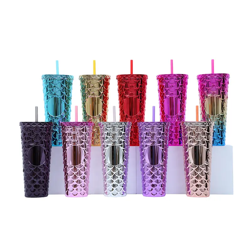 24 Oz Electroplate Mermaid Fish scales Gradient Plastic Cups Fish Scales Tumbler With Straw And Lid double wall studded tumbler