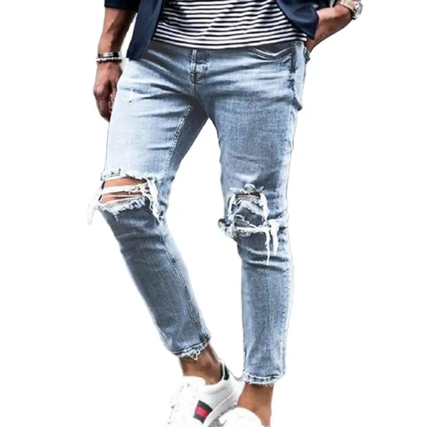 Mode Streetwear Männer Jeans Vintage Blau Grau Farbe Skinny Destroyed Broken Punk Pants Homme Hip Hop Ripped Jeans Denim