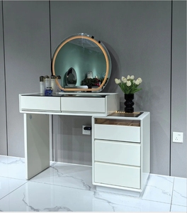 Modern White Wooden <b>Makeup</b> <b>Vanity</b> Dressing Table with Lighted Round <b>Mirror</b> Drawers Storage for Bedroom Hotel Apartment - Product Image 1