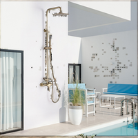 Ensemble de douche extérieur mural moderne avec système de mitigeur en laiton brossé doré, double poignée, douche pluie 10 pouces, barre coulissante en céramique