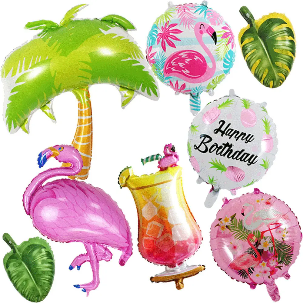 Balão havaiano de 18 polegadas, balão redondo de filme de alumínio para flamingos, copo de vinho, decoração de balão de folhas