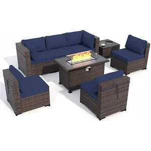 Altovis 8 adet dış mekan mobilyası PE hasır rattan kesit kanepe veranda konuşma gaz propan ateş çukuru masa ile set