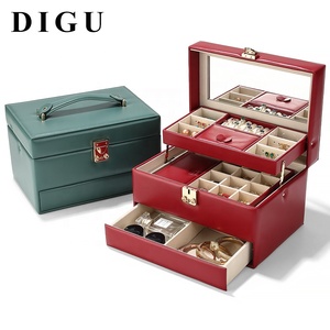 DIGU Custom Logo PU Leather Large 3 Layer <strong>Lockable</strong> Red Necklace Ring Earring Jewellery Storage <strong>Jewelry</strong> <strong>Box</strong> With Lock - Product Image 2