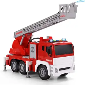 Caminhão de bombeiros brinquedo jumbo, caminhão de bombeiros alimentado por fricção com luzes e sons, boom de resgate e mangueira de bomba de água para atirar água