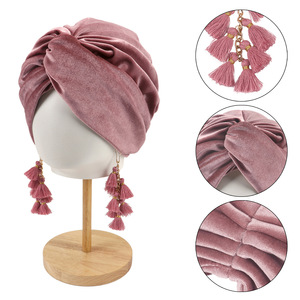 Turbante Arrugado de Color Sólido, Sombreros Hijab, Envolturas <span class=keywords><strong>PARA</strong></span> LA Cabeza con Borlas, Sombreros Elásticos Musulmanes, Gorro Transpirable de <span class=keywords><strong>Quimioterapia</strong></span> <span class=keywords><strong>para</strong></span> Mujer, Gorro de Terciopelo - Product Image 3
