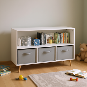 Bibliothèque pour enfants blanc-gris avec tiroirs en tissu, 2 étagères, style mid-century modern, présentoir à livres, armoire de rangement pour jouets - Product Image 2