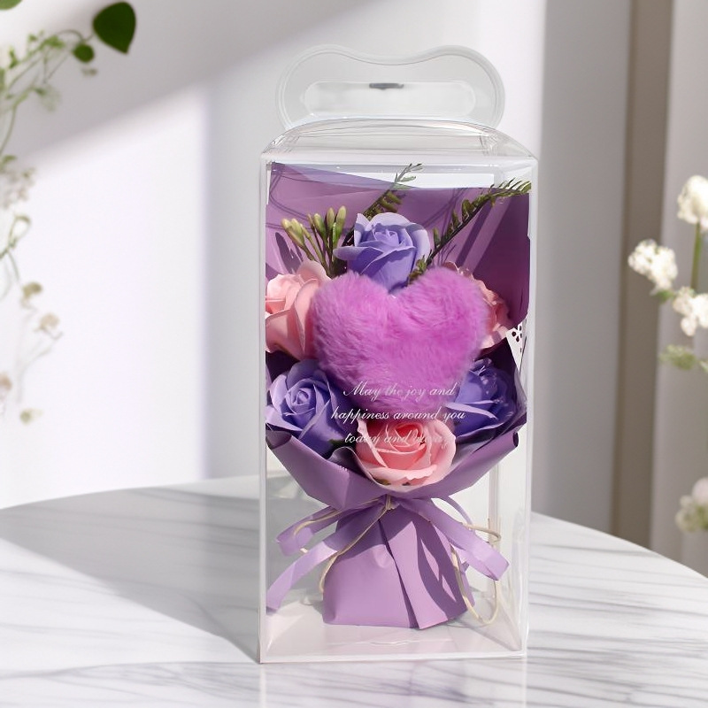 6 roses + peluche coeur pêche violet