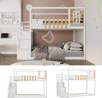 Lit superposé avec escalier et étagère Lit pour enfant en bois de pin massif avec fenêtre et barrière de protection contre les chutes Lit au sol blanc