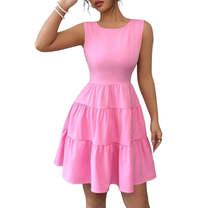 Women's Hot <strong>Pink</strong> Tiered Ruffle Mini <strong>Dress</strong> Sleeveless O-Neck Back Bow Beaded A-Line Casual Party <strong>Dress</strong> - Product Image 1
