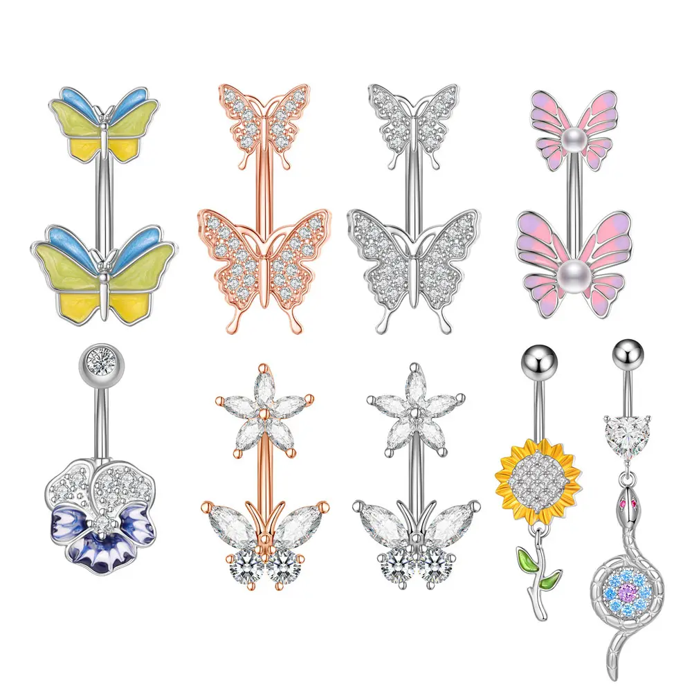 10Pcs/Set Multicolored Butterfly Surgical Steel Belly Rings Wholesale Navel Nombril Piercing CZ Indian Belly Rings Sexy Women