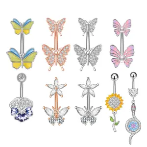 10Pcs/Set Multicolored Butterfly Surgical Steel Belly Rings Wholesale Navel Nombril Piercing CZ Indian Belly Rings Sexy Women